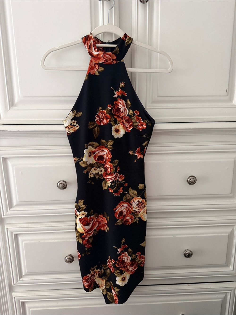 Floral Halter Bodycon Dress - Black with Red Floral